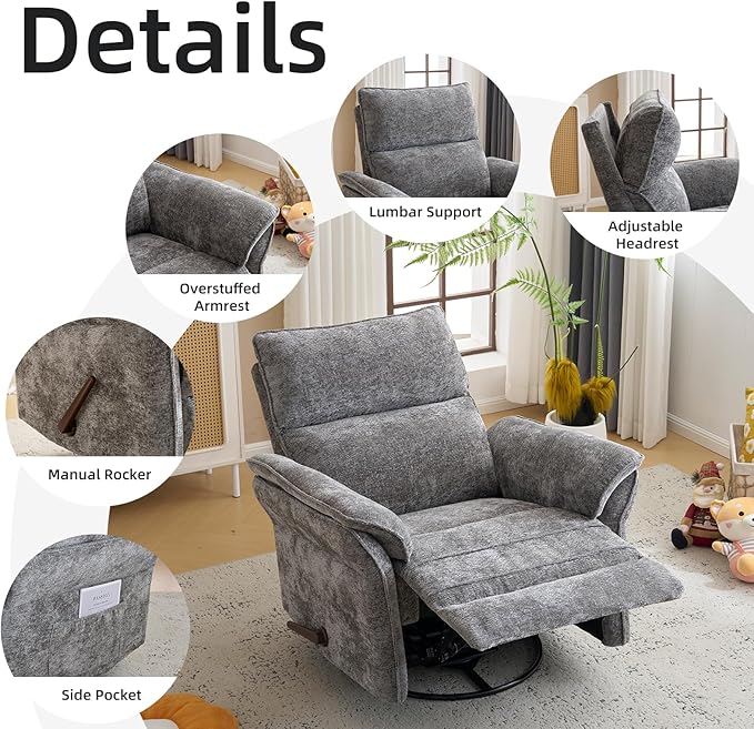 Oversized Glider Rocker Recliner, Chenille Rocking Nursery Chair