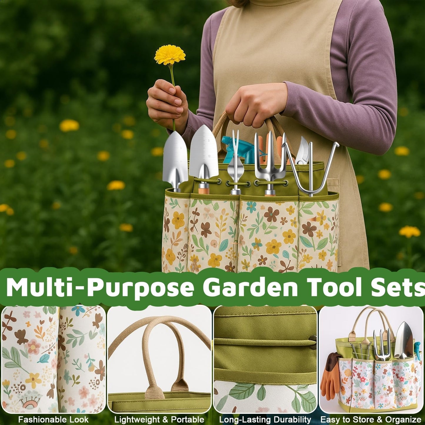 Gardening Tools 10-Piece Heavy Duty Gardening Tool Set with Fashion Durable Tote Organizer Bag, Rust-Proof Non-Slip Hand Tools, Ideal Gardening Gift for Women Gardener Gifts