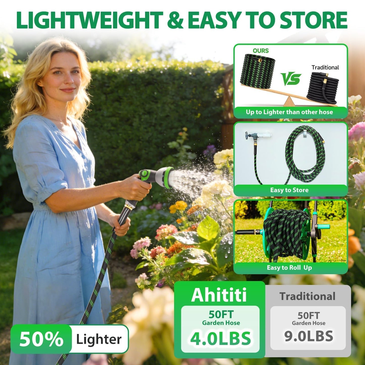 Ahititi Garden Hose 50 ft Water Hose Flexible Non-Expandable Outdoor Heavy Duty Lightweight Leakproof Kink-free flex Watering Hose Pipe for 3/4 inch Fitting Yard Lawn Outside Car Wash