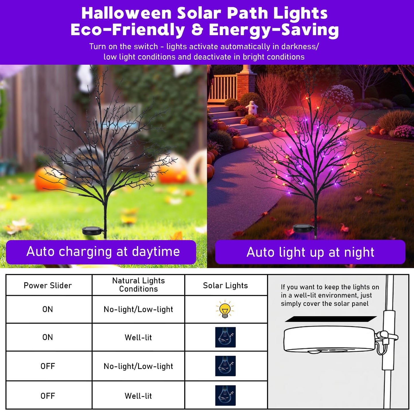 Luiywan Halloween Solar Pathway Lights 2PCS, Halloween Outdoor Decorations, Artificial Tree Waterproof LED Lights for Lawn Yard Garden Driveway Porch Walkway, Auto On/Off