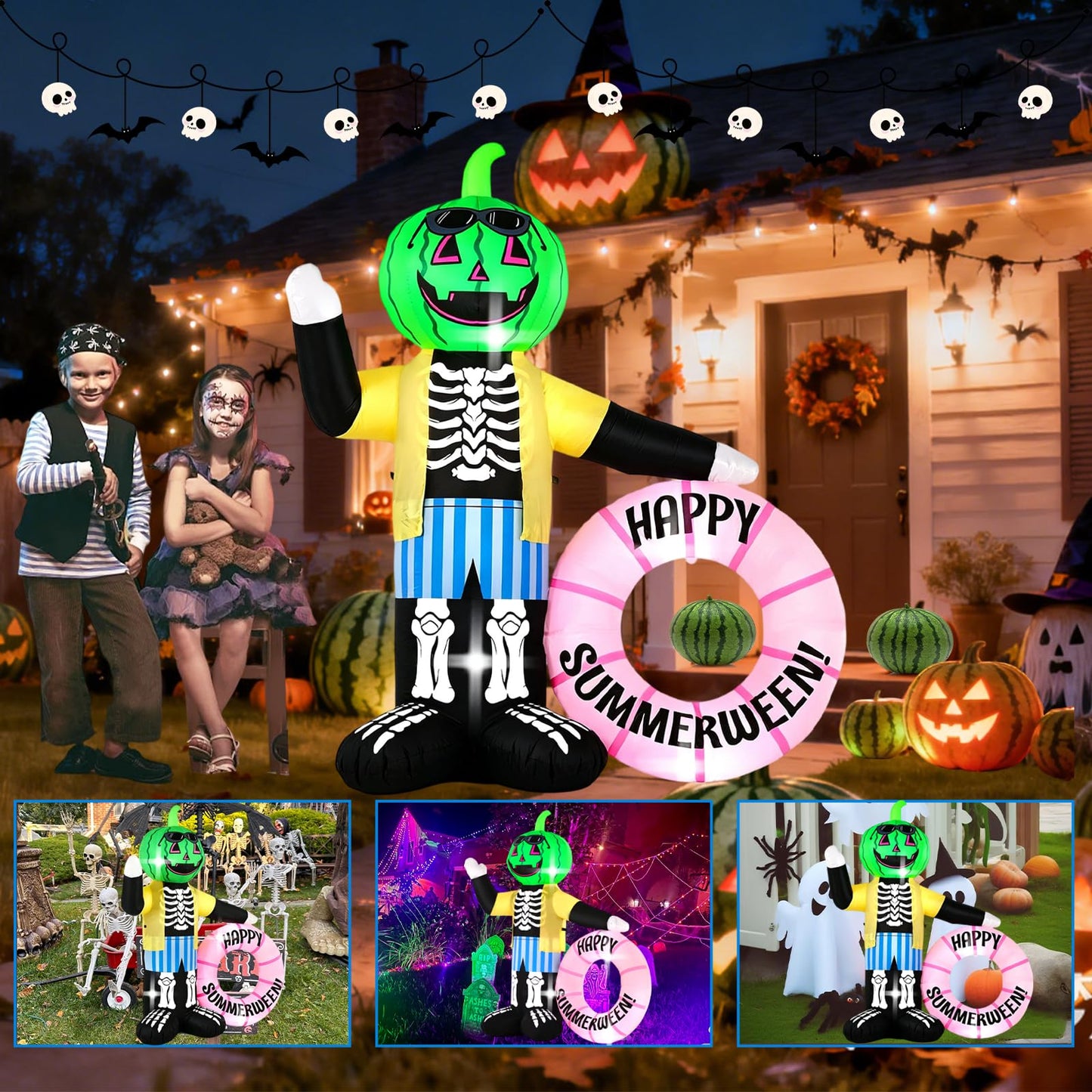 InfleasJoiy 6FT Watermelon Zombie Holding Flower Wreath, Summer Halloween Outdoor Inflatable Decoration with Built-in LED Lights. Suitable for Indoor, Outdoor, and Lawn Parties.