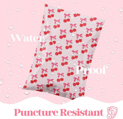 10x13 Designer Poly Mailer 100 Pack Heavy Duty Waterproof Self Seal Shipping Bags for Small Business Large Mailing Envelopes Bulk Tear Resistant Packaging Pink Stripe Cherry Fruit