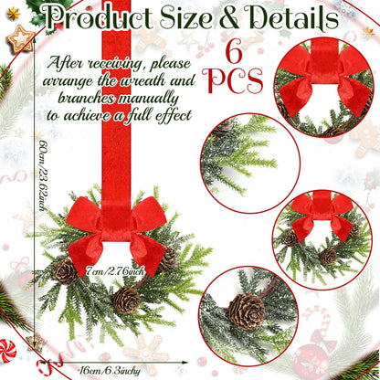 Dingion 6 Pcs 6 Inch Christmas Mini Cabinet Wreaths for Kitchen with Ribbon Bows Norfolk Pine Small Window Wreaths Garland for Door Window Farmhouse Christmas Party Decorations