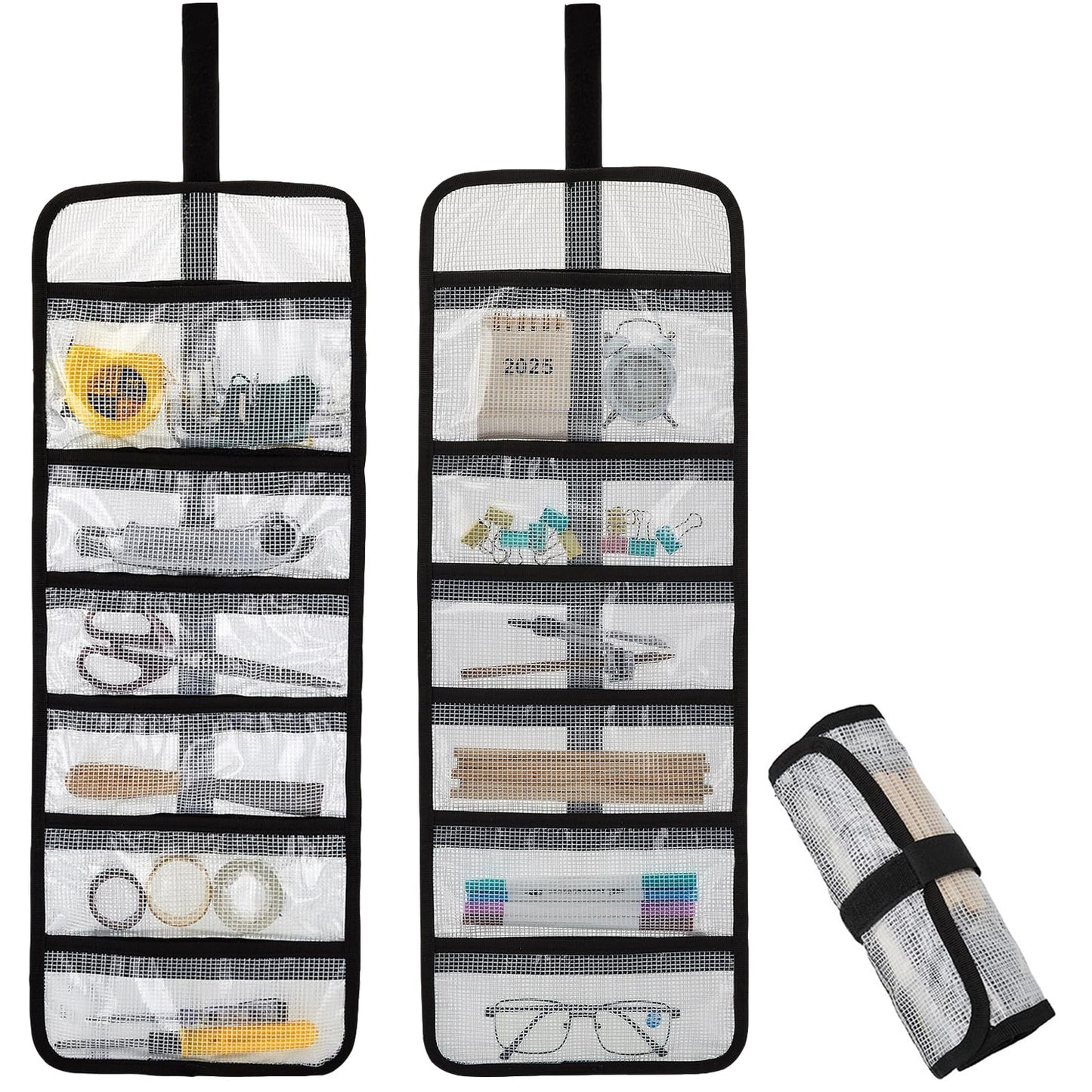 Small Roll Up Storage Bag, 6 Pockets Roll Up Tool Kit, Suitable for Mechanics, Kitchen Storage, Art Sketching, Travelling, Potter's Tools, Office Objects, Transparent and Visible, Space-Saving 2 Pack