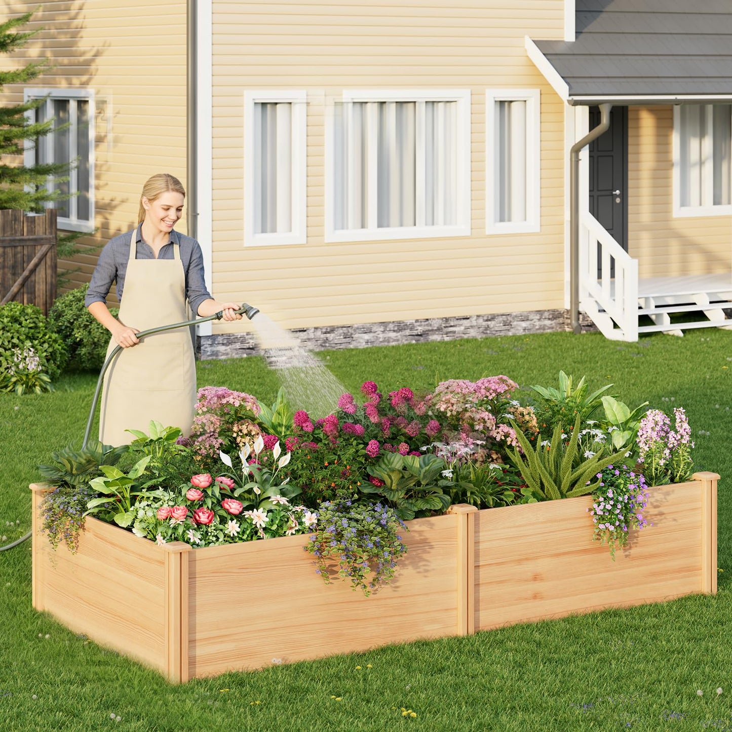 ZIENLIFE Raised Garden Bed for Outdoor, 8x4 Ft Wood Garden Bed with 15 Inch Depth for Flowers/Vegetables/Herbs in Backyard Patio Outdoor, Open Base Bottom Planter Box