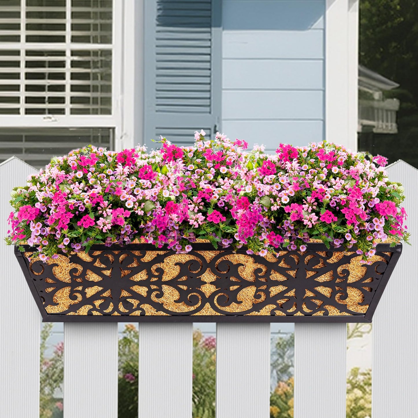 Karlliu 2 Pack 24 Inch Window Boxes Planters Railing Planter Box with Adjustable Brackets & Coco Liners Fabric Plant Grow Bags Deck Railing Planter Boxes Balcony Hanging Flower Box for Outdoor Plants