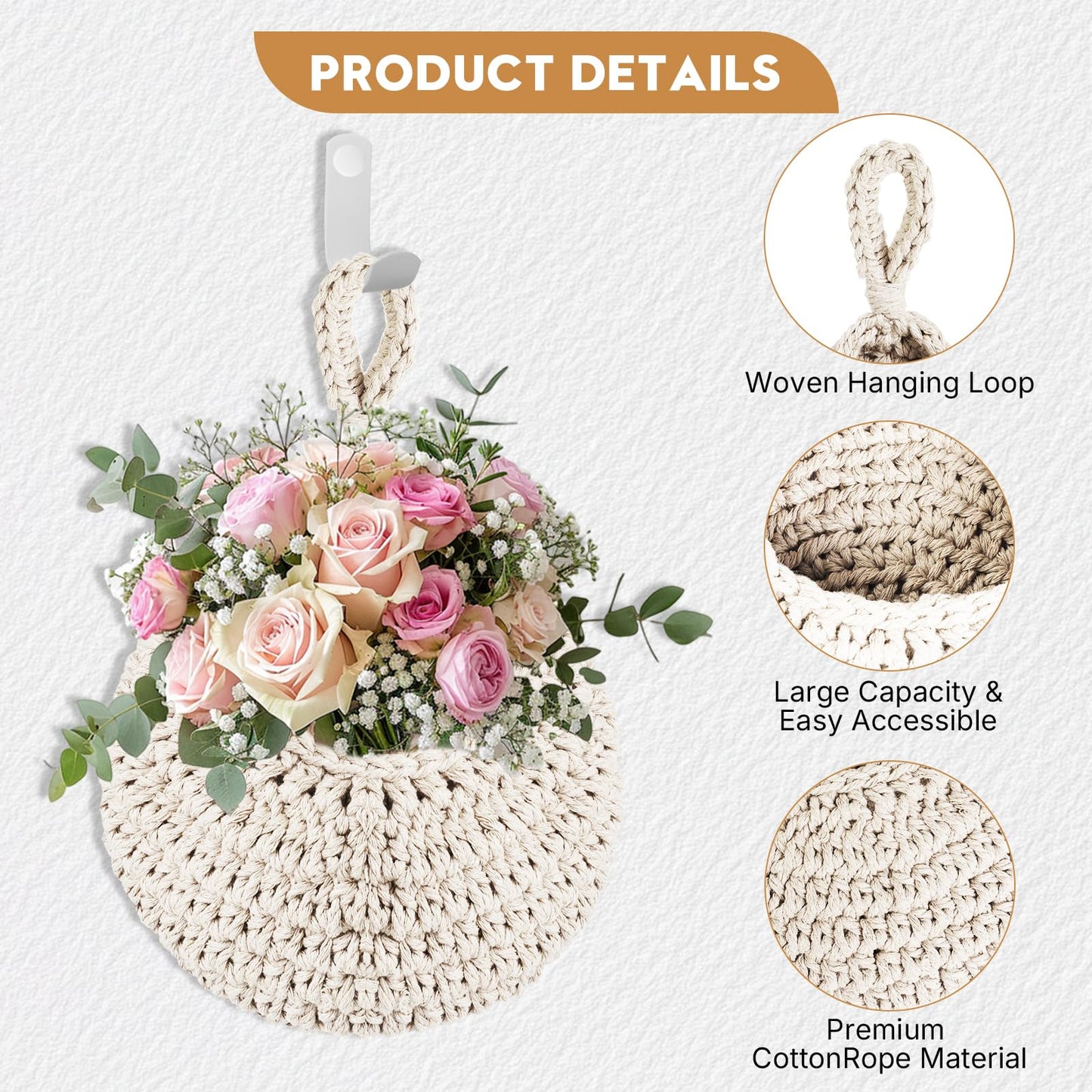 Boho Wall Hanging Fruit Baskets for Kitchen - Rope Woven Hanging Produce Basket, Decorative Storage Organizer for Fruits, Veggies, Snacks, Farmhouse & Boho Home Decoration.