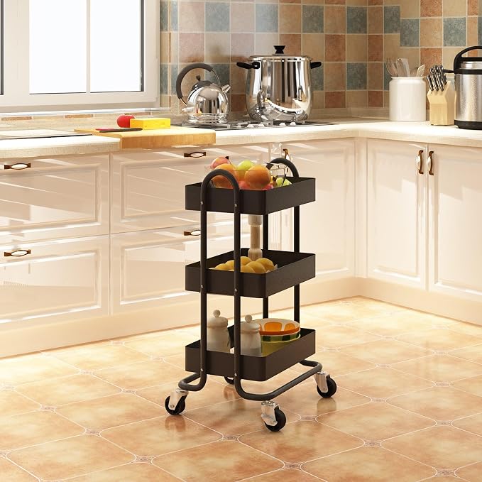 Metal Rolling Cart,3-Tier Metal Rolling Cart with Wheels,3 Tier Utility Cart with Wheels for Office,Home,Kitchen,Garden（13.4"x18.1"x31"） Black