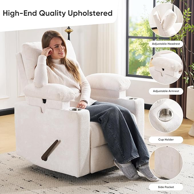 Swivel Rocker Recliner with Adjustable Armrests, Rocking Nursery Chair with