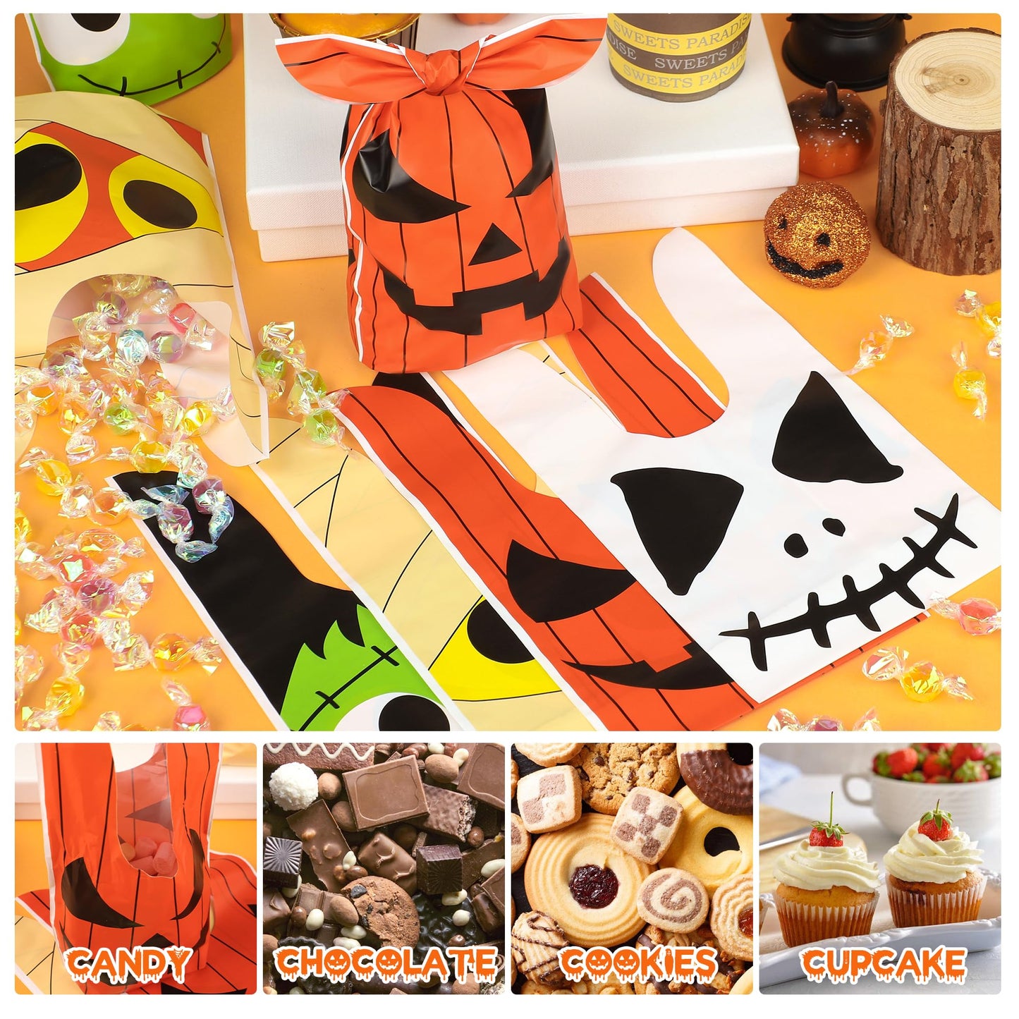 100 Pcs Halloween Treat Bags Rabbit Ear Candy Bags Trick or Treat Small Plastic Goodie Bag Halloween Party Favor Bags for Kids Party Favor Supplies, 4 Designs