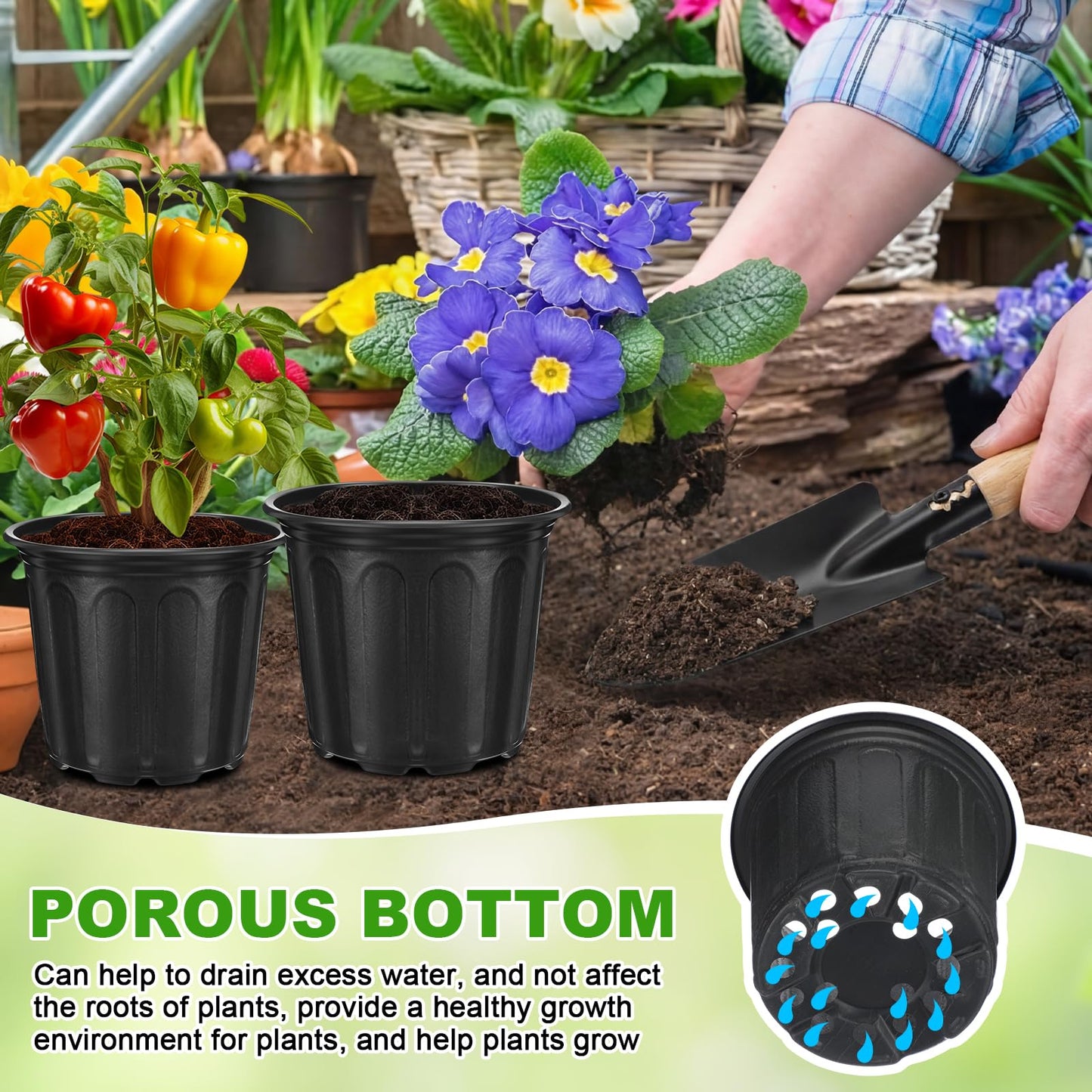 RimCereal 1200 Pcs 1 Gallon Plastic Plants Nursery Pots Bulk with Plant Labels, Thickened Soft Black Seedling Pots with Drainage Holes, Flower Plant Containers with Shovel for Seed Succulents Supply