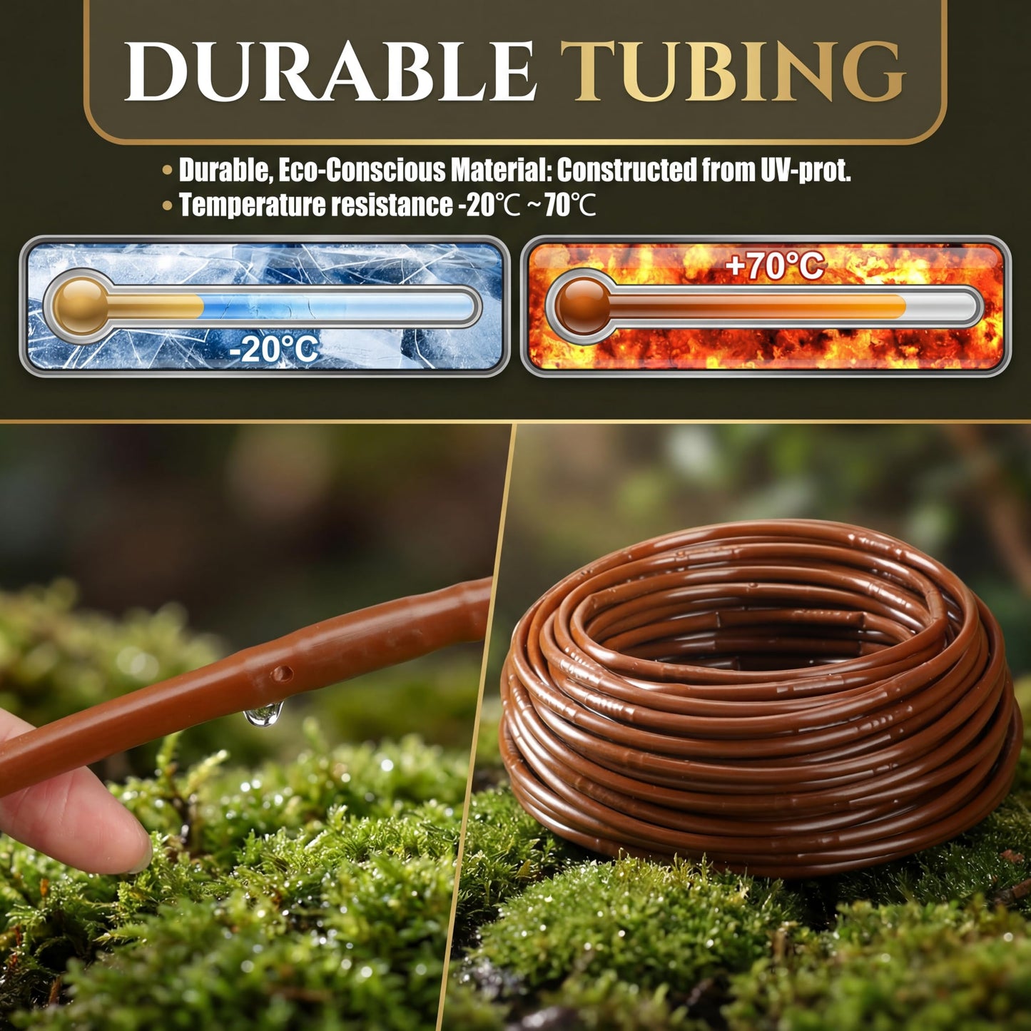 Innconee 250 ft 1/4 Inch Drip Irrigation Tubing with 6" Emitter Spacing Brown Hydroponics Dripline Hose Irrigation Drip Line Emitter Tubing Parts for Gardens Greenhouses Bed Flower Efficient Watering