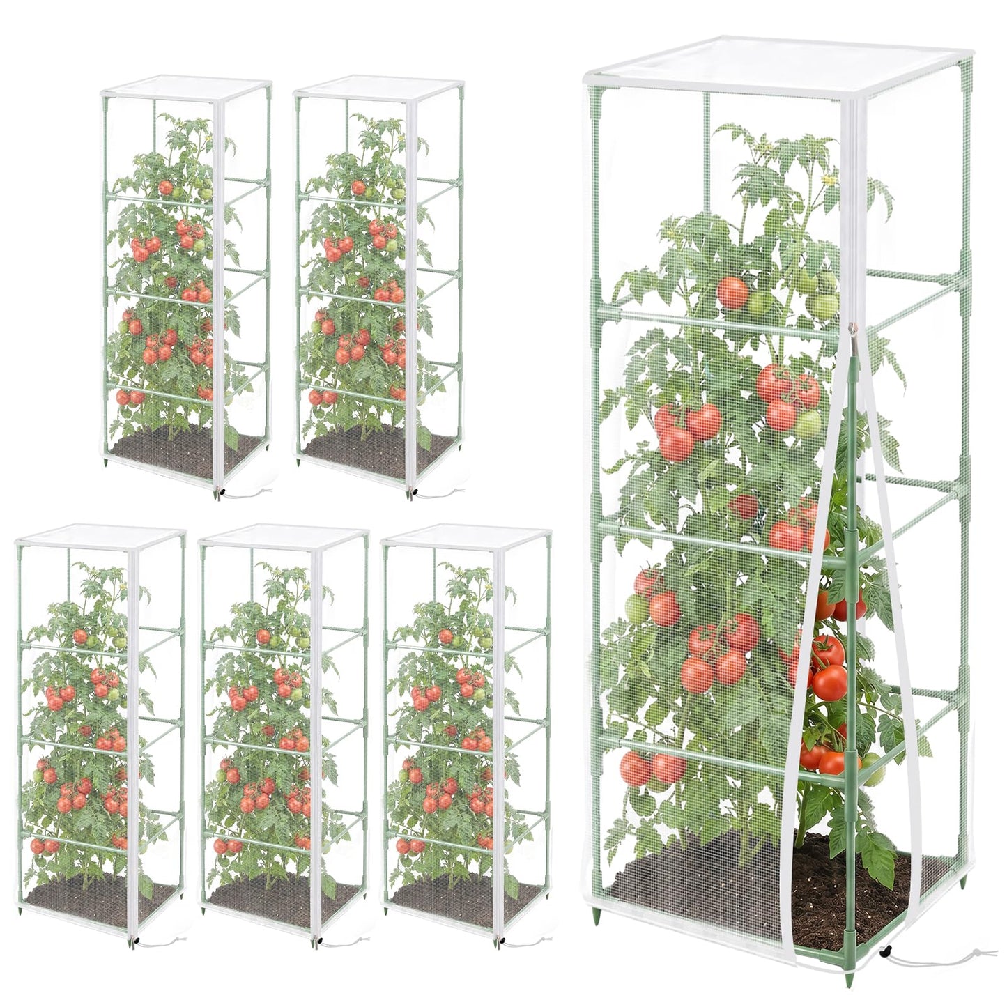 6 Pcs Tomato Netting for Garden Protection, 57" X 17.7" X 17.7" Square Tomato Cage Insect Barrier Plant Netting Mesh Cover with Zipper & Drawstring, for Vertical Climbing Plants Vegetables Fruits