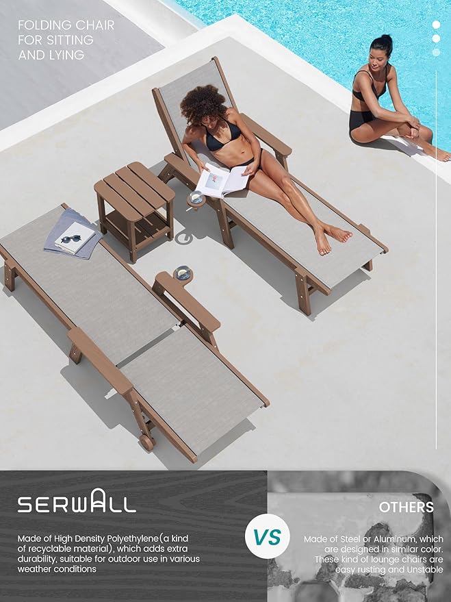 SERWALL Textilene Patio Chaise Lounge Chair, 5 Positions Adjustable Outdoor