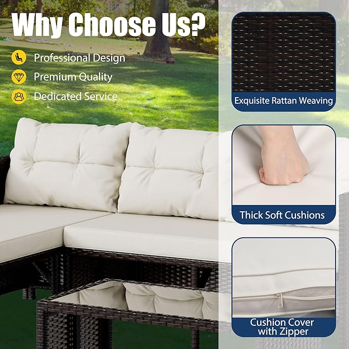 Vongrasig 3 Piece Patio Furniture Sets, All-Weather PE Wicker Outdoor Sofa