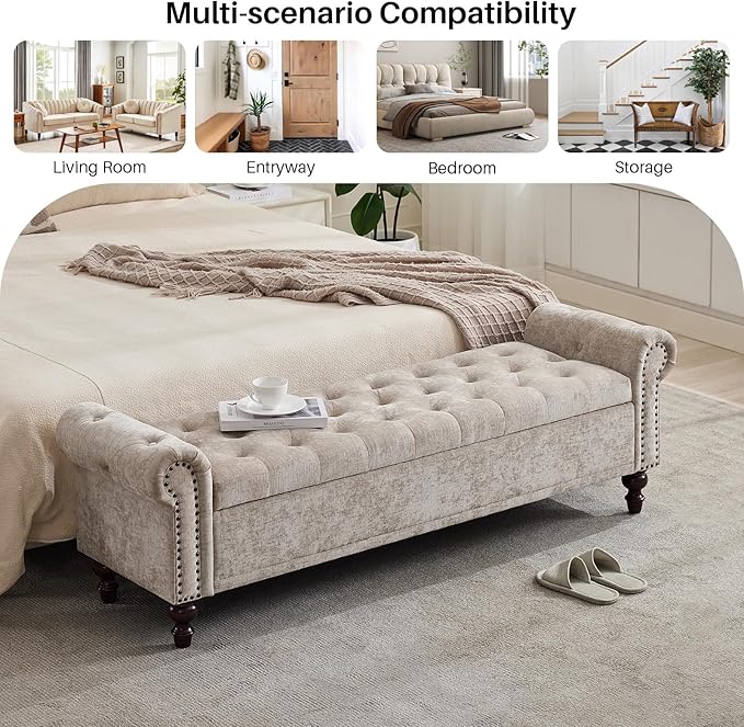 SOFTHION Storage Bench for Bedroom, Upholstered Chenille Storage Ottoman