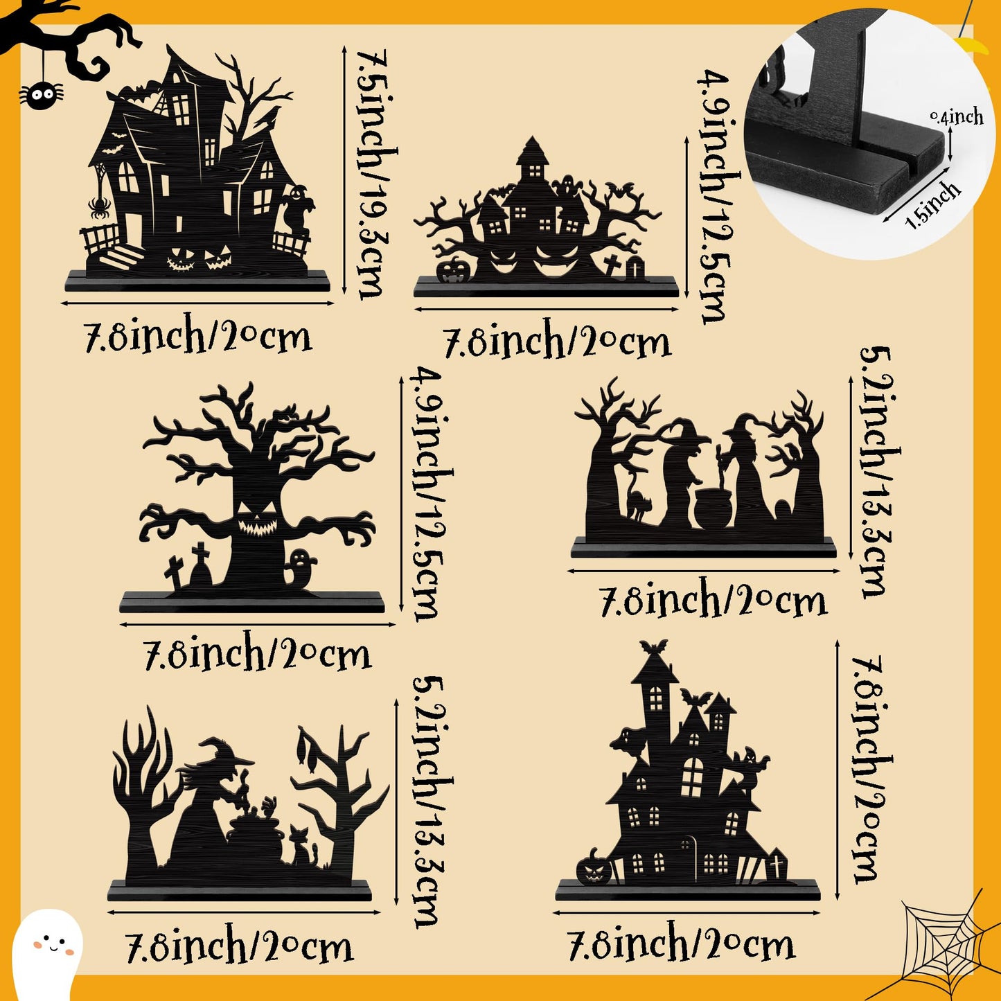 WATINC Halloween Wooden Centerpiece Decorations - Haunted House Witch Tree Silhouette Sketch Wood Tabletop Ornaments, Halloween Black Pumpkin Boo Desk Tiered Tray Decor for Home Kitchen Party