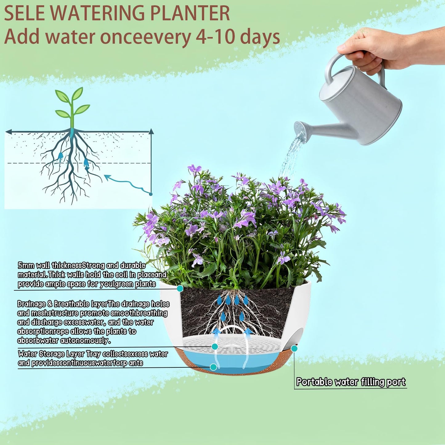zople Set of 2-8 Inch Self Watering Hanging Planters for Indoor Outdoor，Hanging Plant Pots with Drainage & Removable Tray, Hanging Pots Holder for Ivy, Pothos, Ferns, Balcony & Patio, White Brown