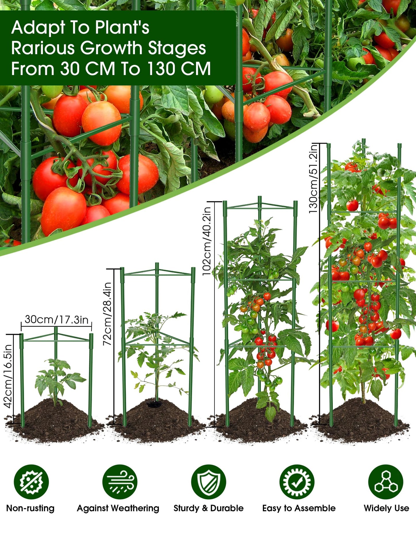 Tomato Cages,6 Pack MQJIAZHI 51.2inch Adjustable - Rust-Proof Tool-Free Trellis for Raised Garden Bed & Climbing Plants