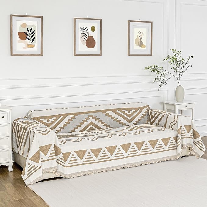 MYSKY HOME Boho Couch Cover for Dogs Washable Khaki Rhombic Couch Sofa