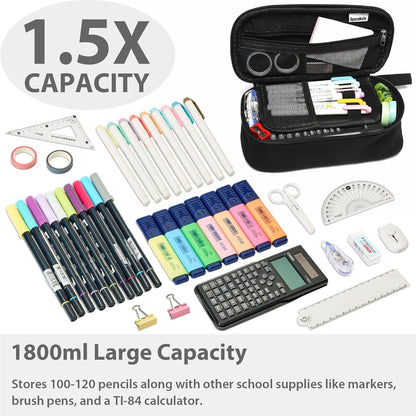 Pencil Case Pouch Box Bag School Supplies Girls Boys Kids, Cute Preppy Stuff Large Big Capacity Aesthetic Pen Organizer, Back to College Stationary, Coal Black, Heavy Duty Canvas, 1800ml