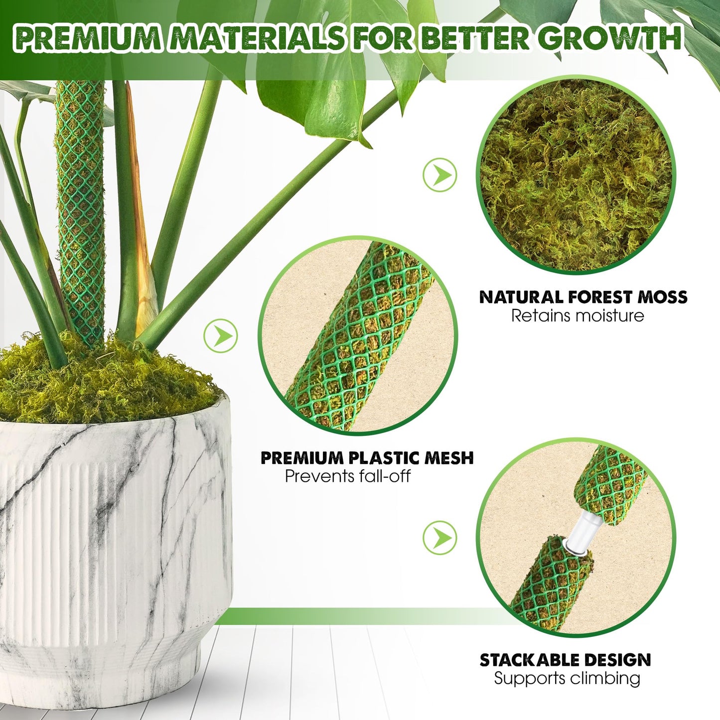 DUSPRO 2 Pack 22" Green Stackable Mesh Moss Pole for Plants – Extendable Up to 39", Natural Forest Moss Pole Monstera Plant Support, Moss Stick for Climbing Plants, Indoor Plant Stakes Accessories