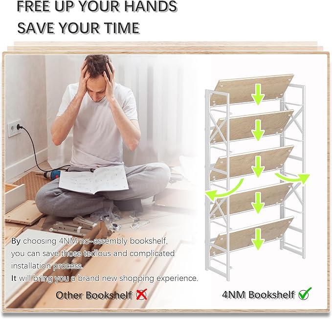 4NM Extra Wide 5 Tiers No Assembly Book Shelves, 51.2" H Folding Bookshelf