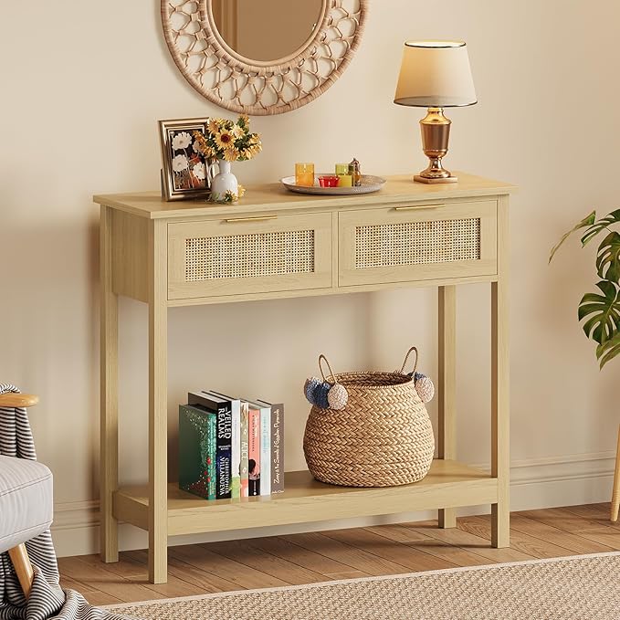 Trironsun Farmhouse Rattan Console Table