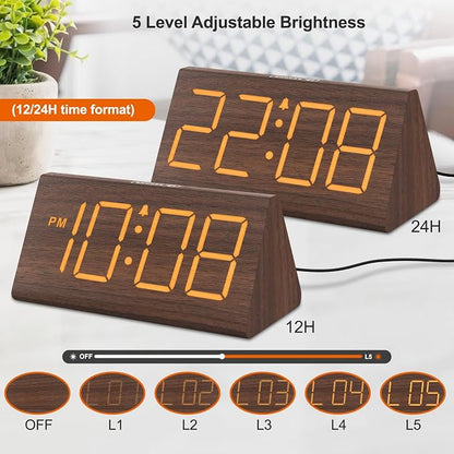 DreamSky Wooden Digital Alarm Clock for Bedrooms with Large Numbers | Electric Desk Clock, USB Port, Loud Alarm for Heavy Sleepers, Adjustable Volume, Dimmer, DST, Wood Décor Gifts, Plug in Clock