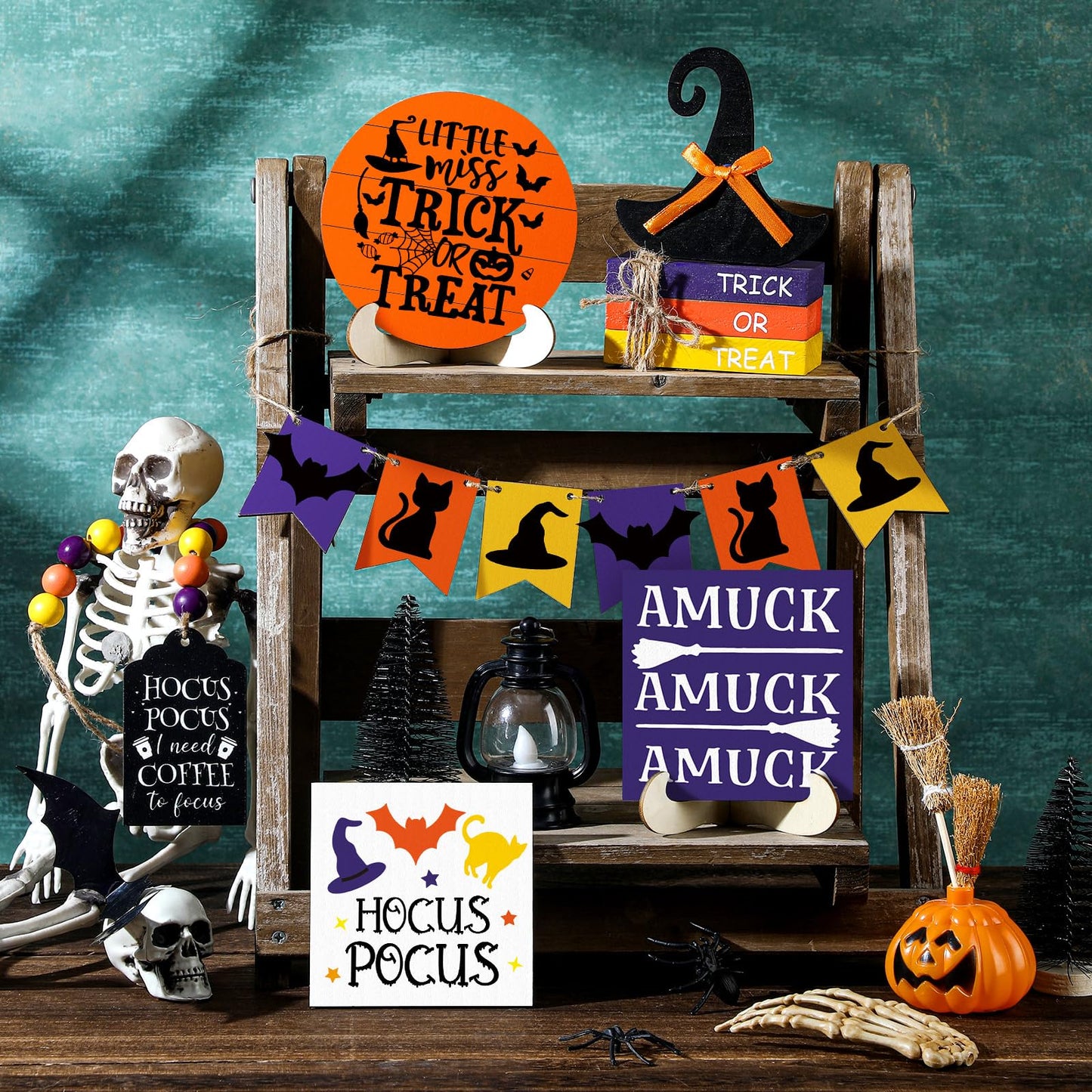 Wonderjune 19 Pcs Halloween Hocus Pocus Tiered Tray Decor Coffee to Focus Witch Table Decor with Wooden Signs Bead Garland Farmhouse Rustic Halloween Decorations for Home Table Party Supplies