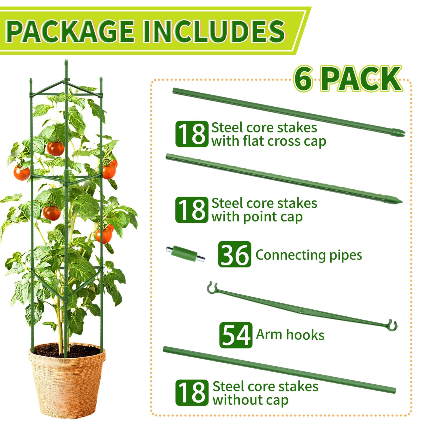 SORANGEUN 6 Pack 48 Inch Tomato Cages for Garden, Triangle Metal Plant Support with Rust-Resistant Coating, Heavy Duty Tomato Trellis for Raised Bed, Pots, Cucumbers, Peppers & Climbing Plants