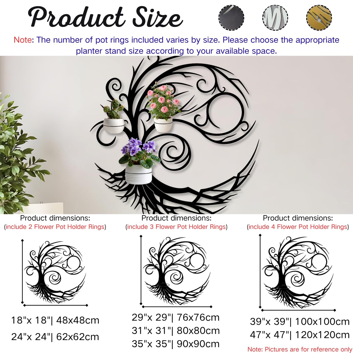 Tree of Life Metal Plant Wall Holders, Metal Tree Wall Mounted Plant Holder, Branch Hanging Planters for Living Room, Kitchen, Fireplace (Black, 35"x 35"| 90x90cm, 3 Pack 5" Flower Pot Holder Ring)