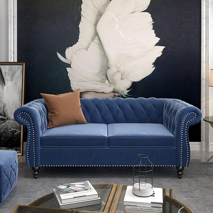 ORRD 2 Pieces Living Room Set, Velvet Couch Chesterfield Sofa Loveseat