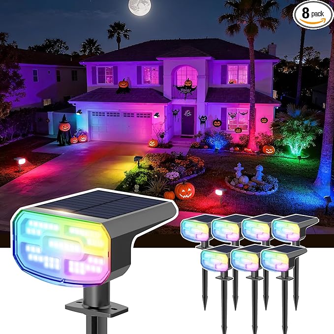 Color Changing Solar Spot Lights Outdoor Waterproof IP65,9 Lighting Modes Multicolor RGB Halloween Spotlight for Porches Yard Gardens Landscape Deconrations-8 Pack