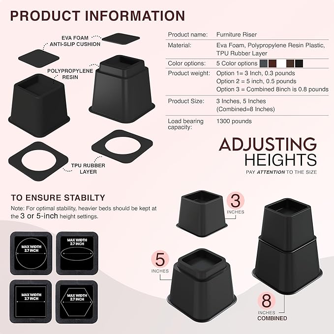 Utopia Bedding Bed Riser, 3 & 5 Inches Adjustable Furniture Risers