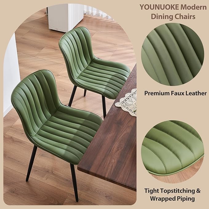 YOUNUOKE Mid-Century Modern Dining Chairs Set of 2, Olive Green Faux Leather