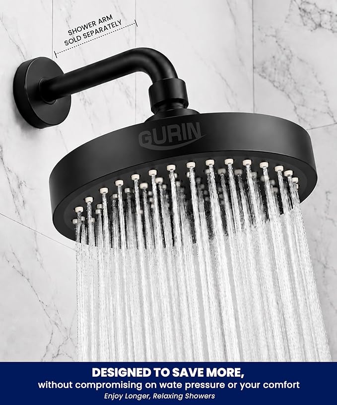 GURIN Shower Head - Powerful High Pressure Rain Shower Head 6 Inch - Luxury Rainfall Showerhead with Adjustable Angles, 90 Anti-Clog Nozzles, Tool-Free 1-Min Install, Premium Matte Black Finish