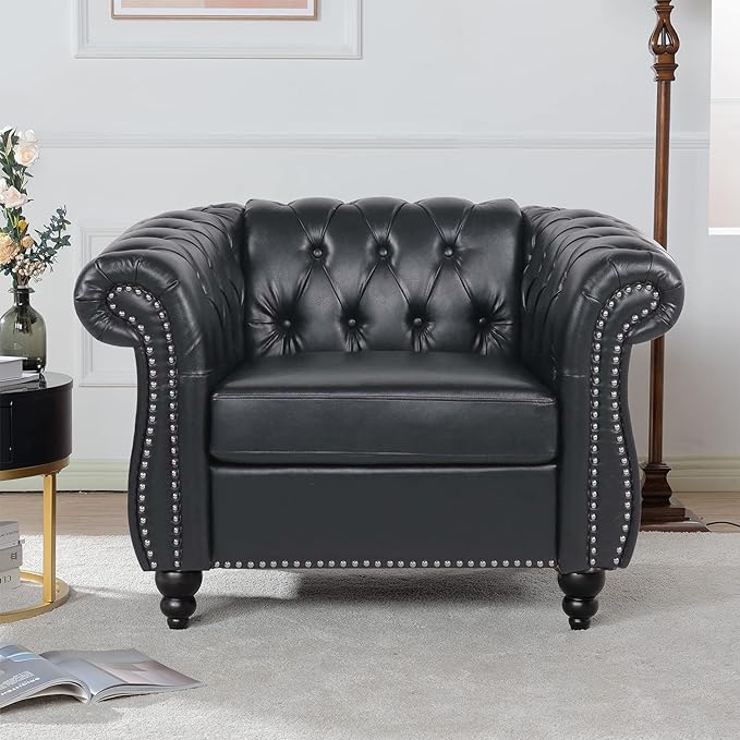 LEVNARY Leather Upholstered Armchair, Mid-Century Modern Single Sofa Chair
