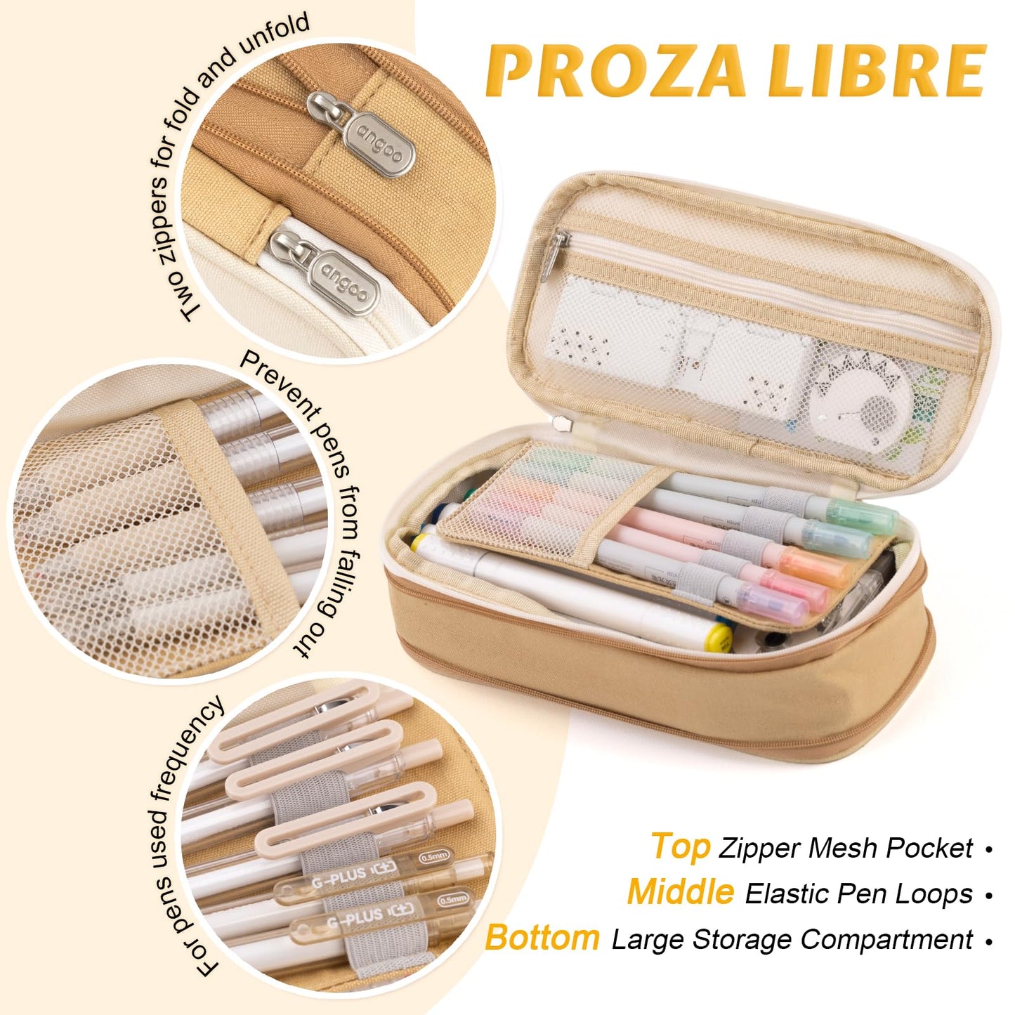 EASTHILL Big Capacity Pencil Pen Case Office College School Large Storage High Capacity Bag Pouch Holder Box Organizer Khaki