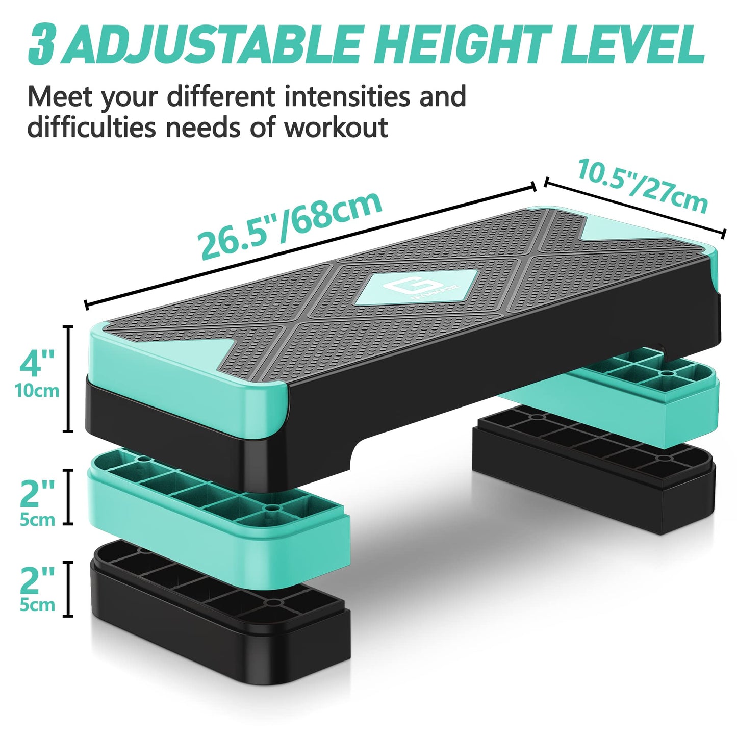 GYMMAGE Aerobic Exercise Stepper - Adjustable Workout Platform, 26.5" Step Deck with 4" 6" 8" Height Risers, Women's Home Gym Cardio Fitness