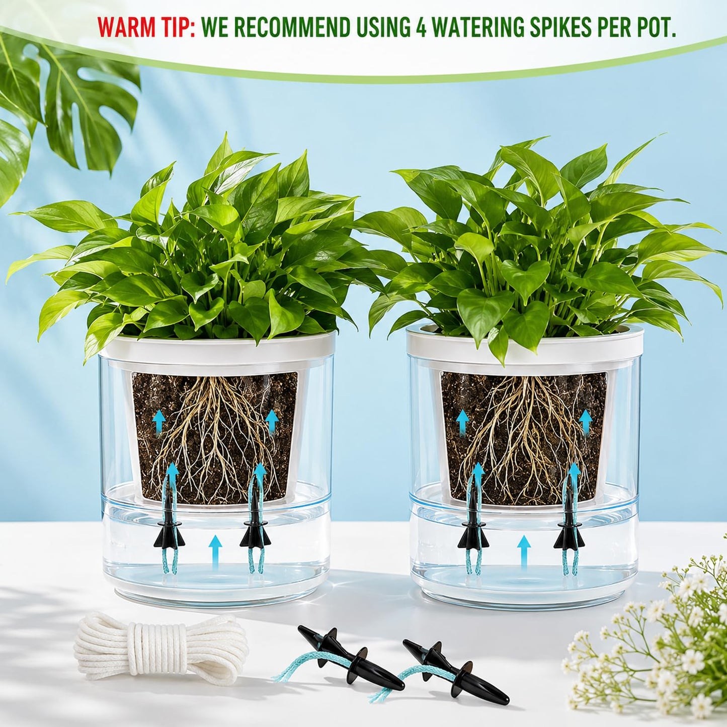 JFBNXB Self Watering Spikes for Indoor Plants, Automatic Plant Watering System for Vacation Care and Office Maintenance, 13-Piece Set with 12 Spikes and Absorbent Cotton Rope