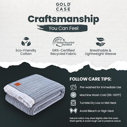 Gold Case Throw Blanket for Bed - 100% Recycled Turkish Cotton Blanket - Vintage Lightweight Soft Throw Blankets for Bed & Living Room - Queen Size Cozy Blankets - 90x90 - Navy Blue