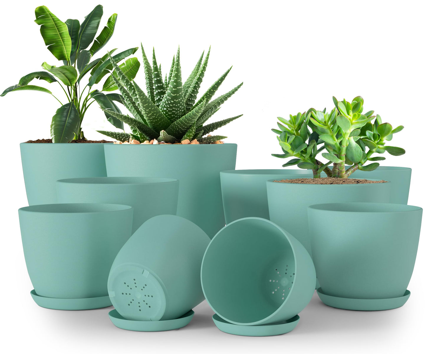 Utopia Home - Plant Pots Indoor with Drainage - 7/6.6/6/5.3/4.8 Inches Home Decor Flower Pots - Plastic Planters for Indoor Plants, Cactus, Succulents Pot (Aqua, Pack of 10)