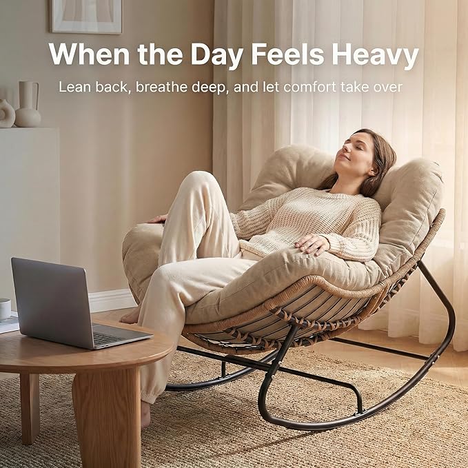 Oversized Papasan Rocking Chair Outdoor, Comfy Patio Papasan Egg Rocker