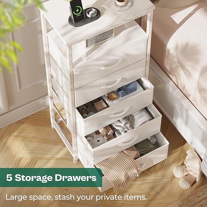 Huuger White Dresser with 5 Drawers & Charging Station, Tall Dresser