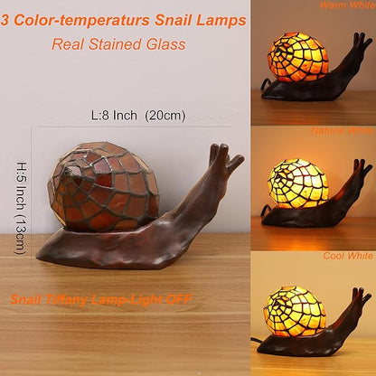 Tiffany Style Red-Brown Snail Accent Table Lamp Handmade Stained Glass Shade Night Light for Kids with 3 Color Temperatures LED Bulb Ideal Gift for Home Decor (8" D x 5" W x 5" H)
