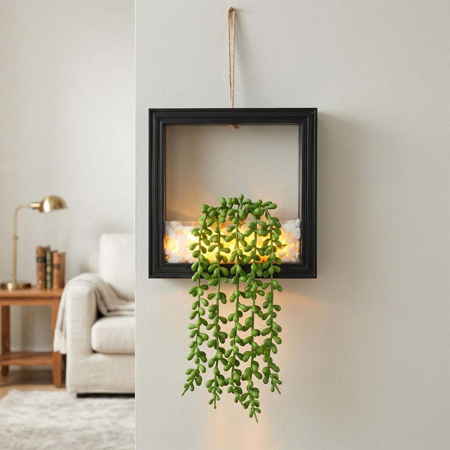 FancyPlus 2 Pack Fake Plants Hanging, Artificial Succulents Plants in Square Wooden Frame with LED Lights, Boho Wall Decor for Office Living Room Bathroom Bedroom Kitchen Indoor Outdoor, Black