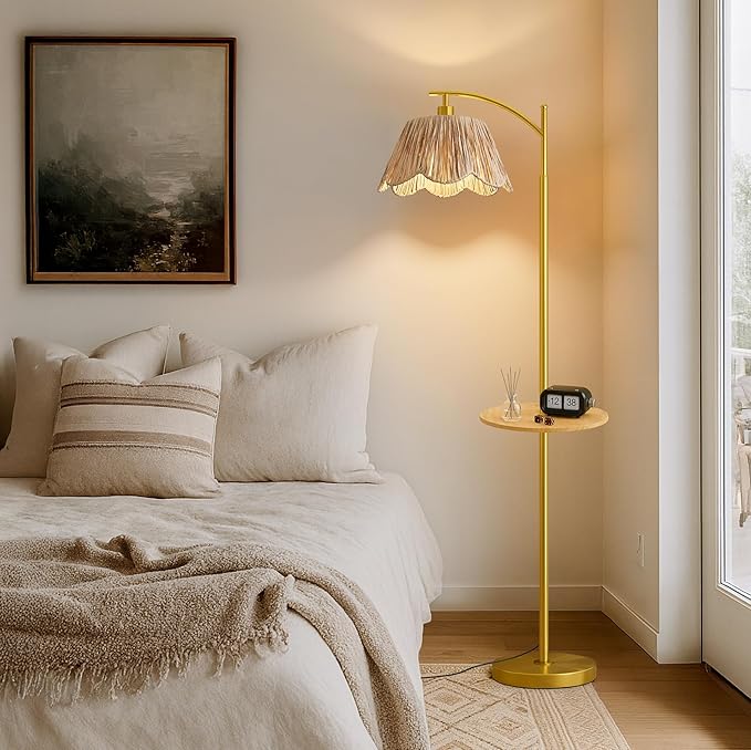 Oneach Floor Lamp with Table for Bedroom, Boho Standing Lamps with Foot Switch