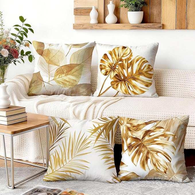 OBSEDE Golden Leaf Illustration Decorative Throw Pillow Covers 18 × 18 in