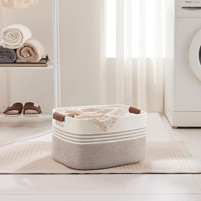 45L Small Laundry Basket with Leather Handles for Living Room Storage, Woven Rope Baskets Bin for Blanket, Kids Toy, Gifts, Wicker Hamper for Bedroom Dirty Clothes, 18"x14"x11" White Brown
